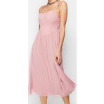 Moda Stil Fitted Kare Yaka Midi Boy A-Kesim Astarlı Korse Detaylı Dokuma Tül Şık Abiye Elbise