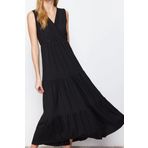 Moda Stil Kloş Kruvaze Maxi Boy Siyah V Yaka Kolsuz A-Line Örme Elbise