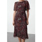 Moda Stil Regular Bisiklet Yaka Midi Boy Desenli A Kesim Melek Kol Astarlı Şifon Dokuma Elbise
