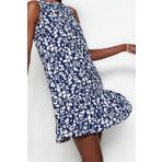 Moda Stil Regular Bisiklet Yaka Mini Boy Çiçek Baskılı Sıfır Kol Volanlı Shift Düz Esnek Örme Elbise