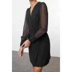 Moda Stil Regular Ceket Yaka Mini Boy Şifon Kol Detaylı Dokuma Ceket Elbise