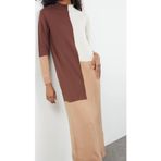 Moda Stil Regular Dik Yaka Maxi Boy Tesettür Renk Bloklu Triko Elbise