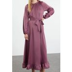 Moda Stil Regular Dik Yaka Maxi Boy Tesettür Saten Kuşak Detaylı Dokuma Elbise
