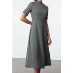 Moda Stil Regular Dik Yaka Midi Boy Ekose Kareli Belden Açılan Dokuma Elbise