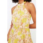 Moda Stil Regular Halter Yaka Midi Boy Çiçek Desenli Kuşaklı A Kesim Kolsuz Astarlı Dokuma Elbise