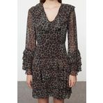 Moda Stil Regular V Yaka Mini Boy Limited Edition Eteği Volanlı Leoparlı Şifon Dokuma Elbise
