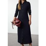 Moda Stil Relaxed Bisiklet Yaka Midi Boy Tesettür Düğmeli Örme Elbise