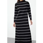 Moda Stil Relaxed Dik Yaka Maxi Boy Tesettür Çizgili Triko Elbise