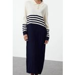 Moda Stil Relaxed Polo Yaka Maxi Boy Tesettür Taş Renk Bloklu Triko Elbise