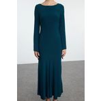 Moda Stil Slim Kayık Yaka Maxi Boy Düz Vücuda Oturan Eteği Volanlı Esnek Örme Elbise