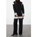 Moda Triko Dik Yaka Düşük Kol Casual Günlük Siyah Rahat Kesim Triko Tunik-Pantolon Alt-Üst Takım