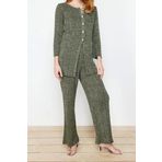 Moda Triko Düz Bisiklet Yaka Casual Günlük Simli Hırka-Pantolon Triko Alt-Üst Takım