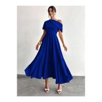 moda wanilia Kadın Omuzdan Açık Kısa Kollu Omuzdan Pileli Uzun Janjan Krep Elbise
