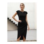 moda wanilia Kadın Yarım Ay Kollu Bisiklet Yaka Yandan Drapeli Ithal Krep Elbise