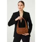 Moda West taşlı32498324 Taba Süet Trok Taşlı Kadın Oval Orta Boy El Ve Omuz Çanta