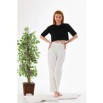 MODA YILDIZ Kadın Gofre Kumaş Beli Lastikli Bol Paça Pantolon Oversize Beyaz