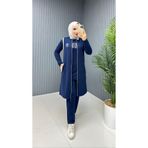 moda4b 3'lü Tesettür Tunik Pantolon ve Yelek Takımı – İki iplik Pamuk Kumaş n-05452