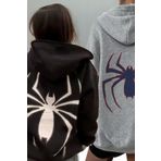modaberry 2'Li Büyük Örümcek Sweatshirt Fermuarlı Hırka - Siyah Gri Baskılı Oversize Cepli Kışlık Kapüşonlu