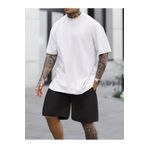 modaberry Basic Düz T-Shirt Şort - Beyaz Siyah Şortlu Tişört Alt Üst Takım Bisiklet Yaka