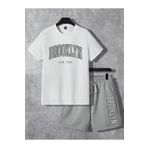 modaberry Brooklyn Şort T-Shirt - Beyaz Gri Baskılı Alt Üst Takım Bisiklet Yaka