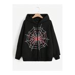 modaberry Kırmızı Spider Ağ Sweatshirt Fermuarlı Hırka - Siyah Baskılı Oversize Cepli Kışlık Kapüşonlu