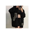 modaberry Punk Distressed Kalın Hırka - Siyah Baskılı Kışlık Oversize Kapüşonlu Fermuarlı Cepli Hırka