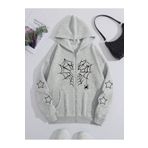 modaberry Yıldız Örümcek Ağ Sweatshirt Fermuarlı Hırka - Gri Baskılı Oversize Cepli Kışlık Kapüşonlu