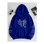 modaberry Yıldız Örümcek Ağ Sweatshirt Fermuarlı Hırka - Sax Mavi Baskılı Oversize Cepli Kışlık Kapüşonlu