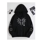 modaberry Yıldız Örümcek Ağ Sweatshirt Fermuarlı Hırka - Siyah Baskılı Oversize Cepli Kışlık Kapüşonlu