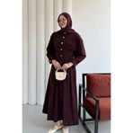 Modaensarbutik Bel Sason Detaylı Ön Düğmeli Linda Kumaş Tesettür Elbise-BORDO