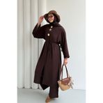 Modaensarbutik Boydan Düğmeli Tunik Pantolon Tesettür Takım-KAHVERENGİ