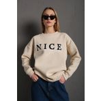 MODAGEN Kadın Bej Nice Baskılı Bisiklet Yaka Oversize Sweatshirt