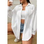 MODAGEN Kadın Beyaz Tek Cepli Bürümcük Oversize Gömlek