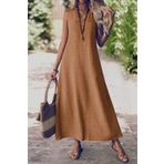 MODAGEN Kadın Camel V Yaka Kolsuz Maxi Boy Keten Elbise