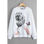 MODAGEN Kadın Figür ve Butterfly Baskılı Beyaz Oversize Sweatshirt