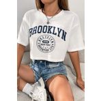 MODAGEN Kadın Oversize Crop T-shirt Beyaz Brooklyn Baskılı