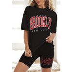 MODAGEN Kadın Siyah Brooklyn Baskılı T-Shirt Tayt Takım