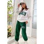 MODAGEN Kadın Yeşil Beyaz Brooklyn Baskı Oversize Bisiklet Yaka Alt Üst Eşofman Takımı