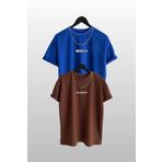 MODAGEN Unisex Brooklyn Baskılı 2li Paket Mavi-Kahve T-shirt