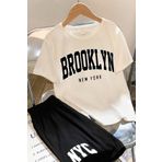 MODAGEN Unisex Brooklyn Baskılı Beyaz T-Shirt Siyah Şort Örme Alt Üst Takım 2li Paket