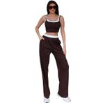 Modal Kumaş Askılı İkili Takım, Crop Top ve Pantolon Seti, Beyaz Şeritli Detaylı (Kahverengi, Small)