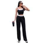 Modal Kumaş Askılı İkili Takım, Crop Top ve Pantolon Seti, Beyaz Şeritli Detaylı (Siyah, Small)