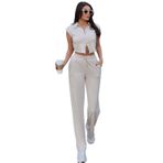 Modal Kumaş Çift Fermuarlı Takım, Kolsuz Crop Üst ve Bol Paça Pantolon, Bej Siyah Kahverengi, Günlük Spor Şık, (Bej, Medium)
