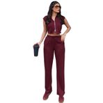 Modal Kumaş Çift Fermuarlı Takım, Kolsuz Crop Üst ve Bol Paça Pantolon, Bej Siyah Kahverengi, Günlük Spor Şık, (Bordo, Small)