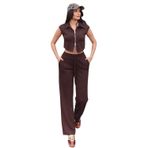 Modal Kumaş Çift Fermuarlı Takım, Kolsuz Crop Üst ve Bol Paça Pantolon, Bej Siyah Kahverengi, Günlük Spor Şık, (Kahve, Medium)