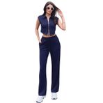 Modal Kumaş Çift Fermuarlı Takım, Kolsuz Crop Üst ve Bol Paça Pantolon, Bej Siyah Kahverengi, Günlük Spor Şık, (Lacivert, Large)