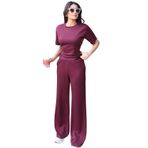 Modal Kumaş Sırtı Bağlamalı Bluz Pantolon Takım, Kadın İki Parça Set, Kısa Kollu Üst ve Geniş Paça Pantolon (Bordo, L)