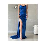 ModaLy Moda ESNEK SATEN KUMAŞ MAVİ RENK DERİN YIRTMAÇLI KAT KAT ASKILI ABİYE ELBİSE 582243