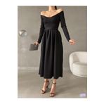 ModaLy Moda ESNEK SCUBA KUMAŞ SİYAH RENK OMUZ DEKOLTELİ KUŞAKLI ABİYE ELBİSE 58375