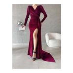 ModaLy Moda ESNEK SİMLİ KADİFE KUMAŞ BORDO RENK UZUN KOLLU YIRTMAÇLI ABİYE ELBİSE 582302